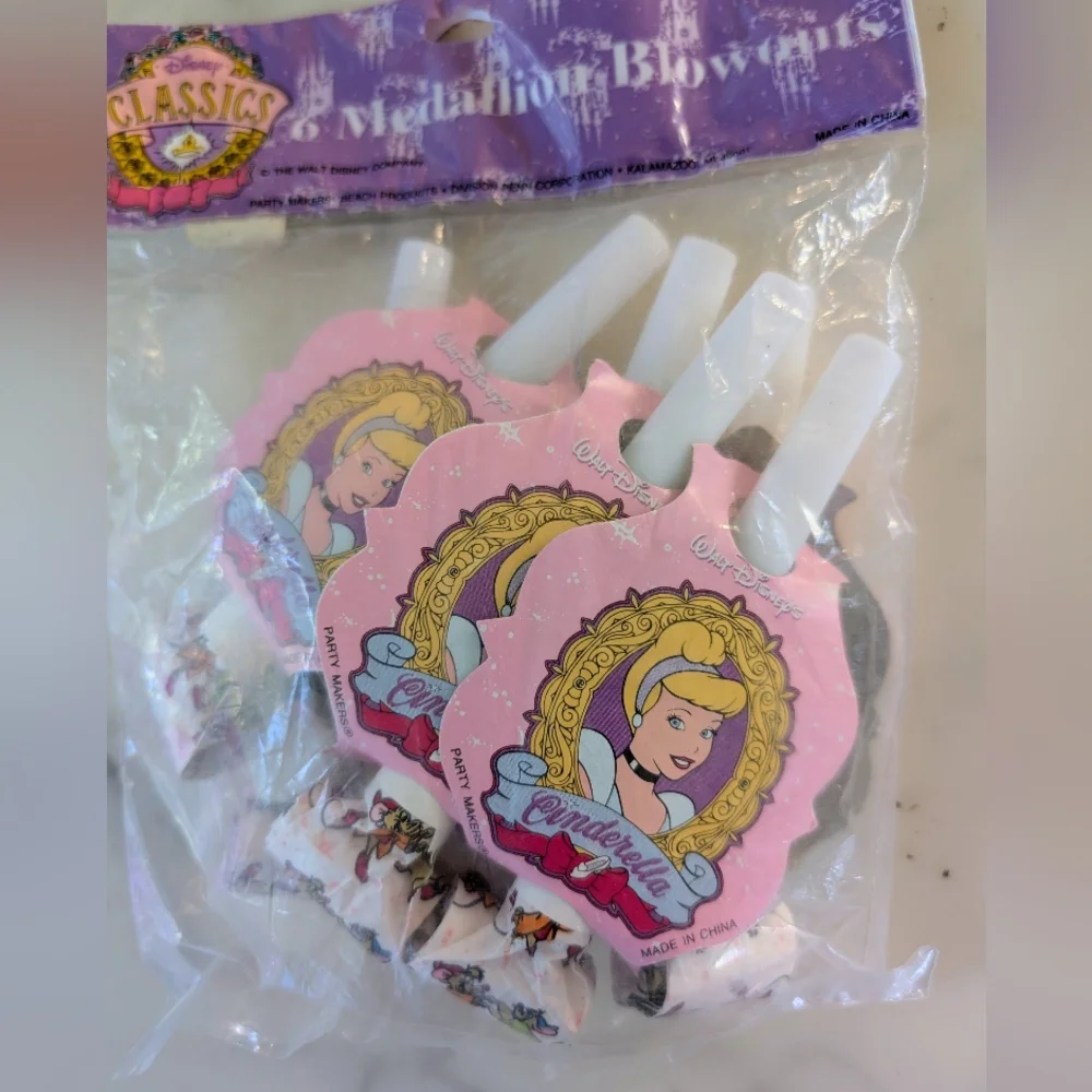 NWT. Vintage 90s Disney Cinderella Pink and Blue Party Hats (8) & Blowouts (6)